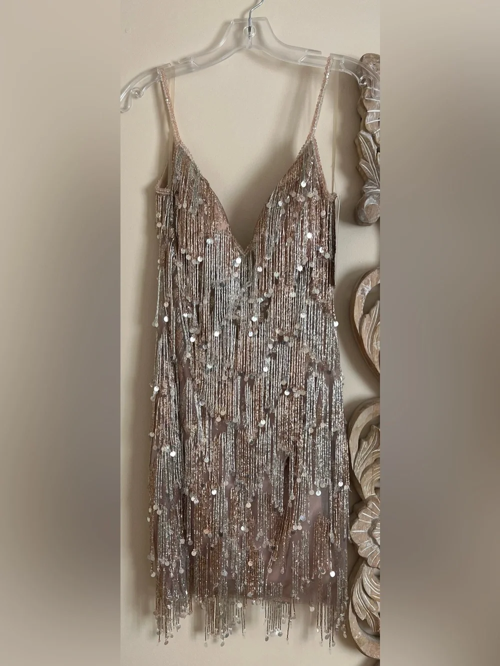 Beaded Fringe Sequin Cocktail Dress - Gold and Blush - Picture 1 of 4
